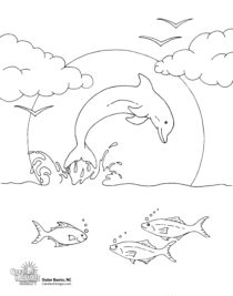 A printable coloring page of a dolphin jumping in front of the sun