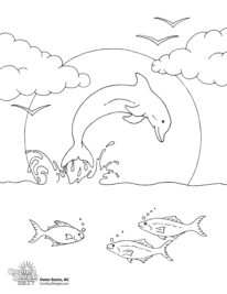 A printable coloring page of a dolphin jumping in front of the sun