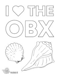 A printable coloring page that says I Heart the OBX and two sea shells